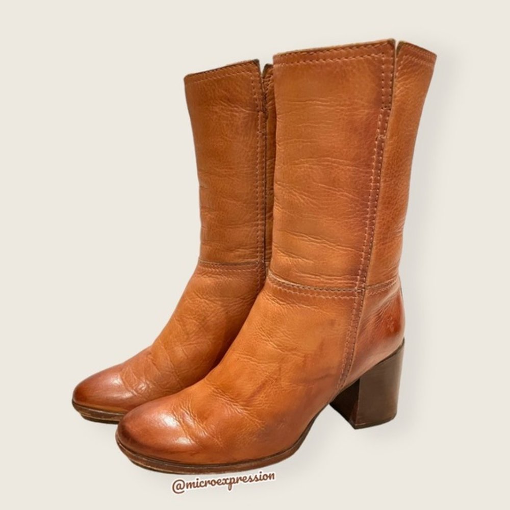 $399 Frye Nora Mid Calf Pull On Cognac Leather Heeled Fall/Winter Ankle Bootie - Picture 7 of 14